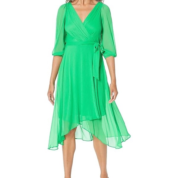 DKNY Dress Chiffon Faux-Wrap VNeck Balloon Slv Bright Apple Green Sz 16 - Picture 13 of 13
